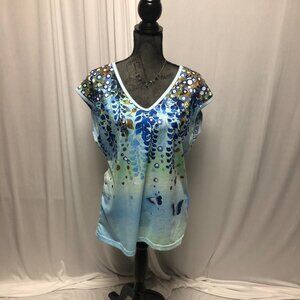 Blue Top Womens XXL Butterflies Pretty Design V-Neck Short Sleeve